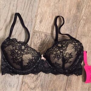 Betsey Johnson Black Lace Bra with Pink Accent